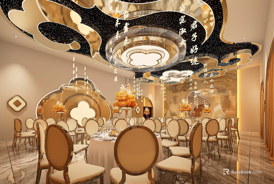 Elegant Luxury Banquet Hall Interior With Decorative Ceiling And Round Tables 3d model 