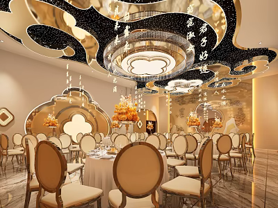 Elegant Luxury Banquet Hall Interior With Decorative Ceiling And Round Tables 3d model
