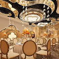 Elegant Luxury Banquet Hall Interior With Decorative Ceiling And Round Tables