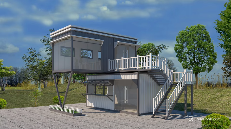 Two Story Container Building With Balcony White Railings And Staircase In Green Environment 3d model 