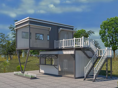 Two Story Container Building With Balcony White Railings And Staircase In Green Environment 3d model