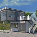 Two Story Container Building With Balcony White Railings And Staircase In Green Environment