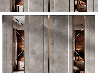Elegant Modern Feature Wall With Gray Textured Panels Metallic Trims And Wooden Decor Elements 3d model