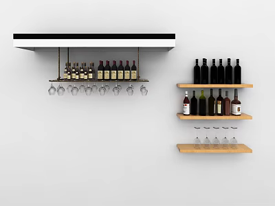 Wall Mounted Wine Cabinet With Hanging Wine Glasses And Bottles On Floating Shelves 3d model