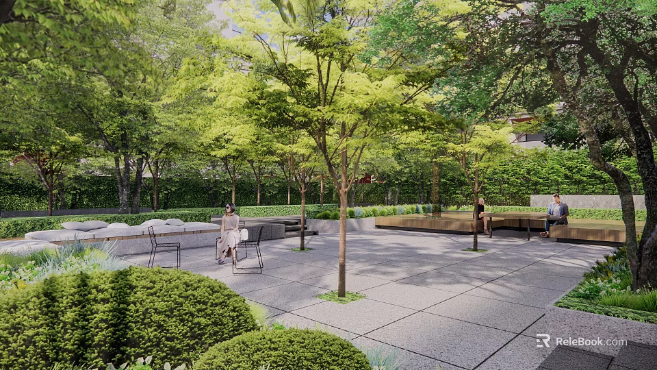 Residential Landscape Design With Lush Trees Benches and Relaxing Paved Area 3d model 