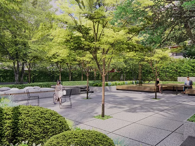 Residential Landscape Design With Lush Trees Benches and Relaxing Paved Area 3d model