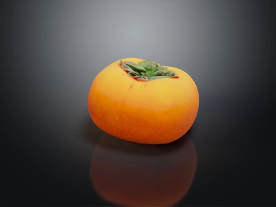Ripe Persimmon Orange Round Fruit With Green Leaves On Top On Dark Background And Reflection 3d model