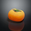 Ripe Persimmon Orange Round Fruit With Green Leaves On Top On Dark Background And Reflection