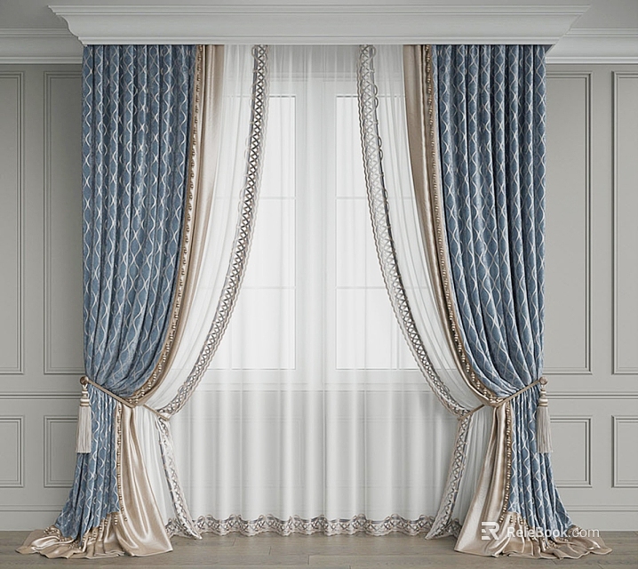 Elegant Modern Roman Blinds in Navy Blue Beige with Geometric Patterns and White Sheer Curtains 3d model 