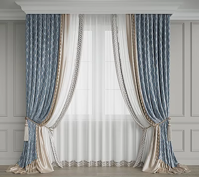 Elegant Modern Roman Blinds in Navy Blue Beige with Geometric Patterns and White Sheer Curtains 3d model