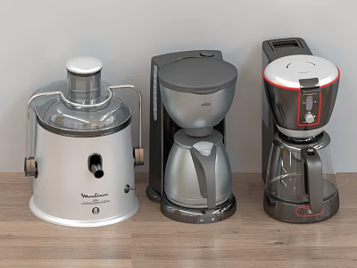 Three Modern Kitchen Appliances On Wooden Countertop With Juicer And Coffee Maker 3d model