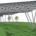 Modern Pergola Design with Black Roof and White Pillars on Green Lawn and Small Trees