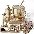 Liquor Bottle and Cocktail Glasses with Gold Ice Bucket Bar Tools on Wooden Tray