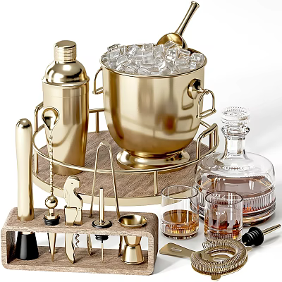 Liquor Bottle and Cocktail Glasses with Gold Ice Bucket Bar Tools on Wooden Tray 3d model