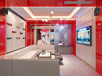Modern KTV Room Interior With Red And White Decor Sofa Seating TV Screen And Lighting 3d model