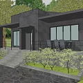 Modern Detached House With Black Exterior Large Windows Stone Paved Ground Surrounded by Trees