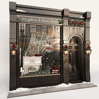 Art Gallery Decor Studio Storefront With Christmas Decorations Red Green Ornaments Lights And Snowy Exterior 3d model