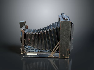 Vintage Folding Camera With Leather Bellows And Brass Accents On Dark Background 3d model