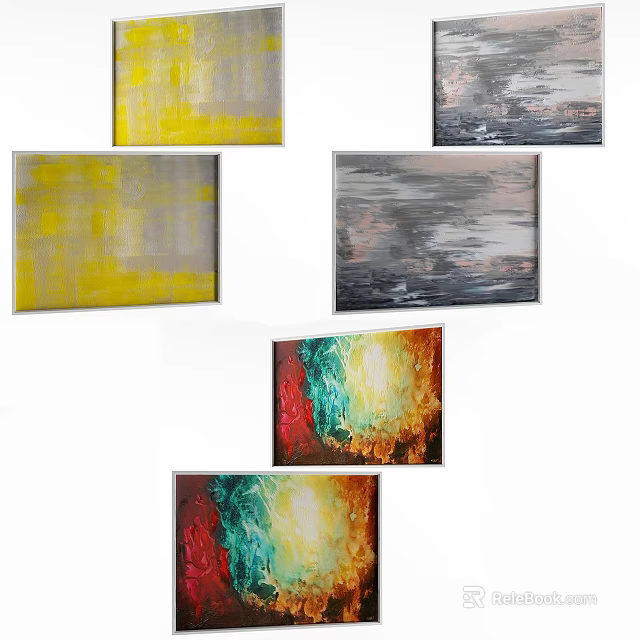 Colorful Abstract Paintings With Yellow Grey Red Green Textured Hues For Wall Decor 3d model 