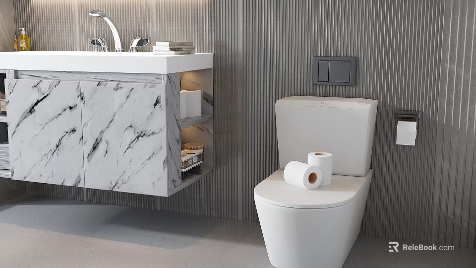 Modern Bathroom Set with Marble Floating Vanity Toilet and Toilet Paper Rolls 3d model 