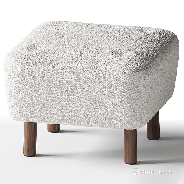 Cream White Tufted Stool With Textured Fabric And Wooden Legs 3d model 