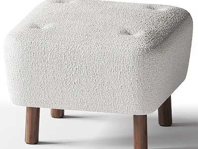 Cream White Tufted Stool With Textured Fabric And Wooden Legs 3d model