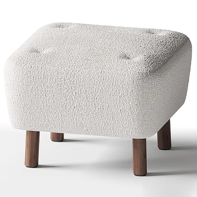 Cream White Tufted Stool With Textured Fabric And Wooden Legs 3d model