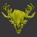 Artistic Deer Head with Green Plants Growing on Antlers and Blue Watercolor Neck