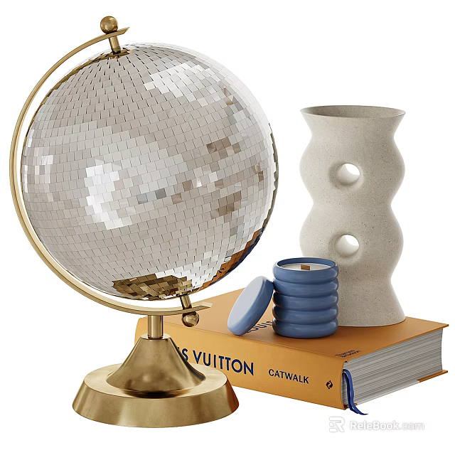 Decorative Ornament Set With Silver Disco Ball White Vase Orange Book And Blue Stacked Candle 3d model 