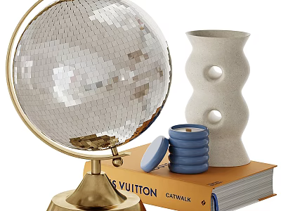 Decorative Ornament Set With Silver Disco Ball White Vase Orange Book And Blue Stacked Candle 3d model