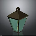 Square Shaped Hanging Lantern With Brown Top Green Glass Shade And Yellow Glow