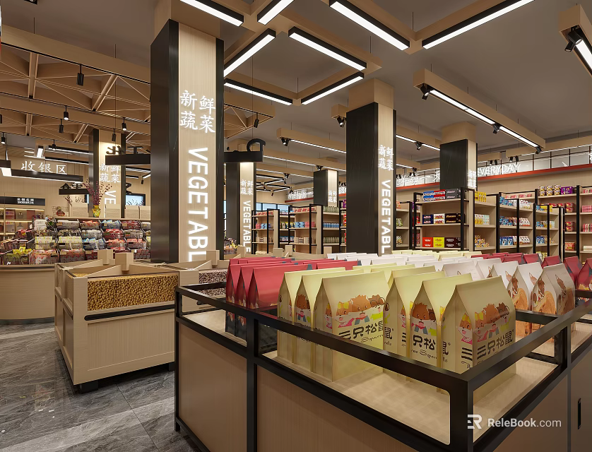Supermarket General Merchandise Store With Fresh Vegetable Section And Product Shelves 3d model 