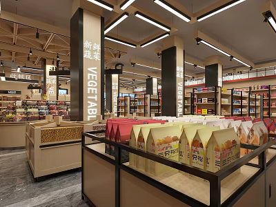 Supermarket General Merchandise Store With Fresh Vegetable Section And Product Shelves 3d model