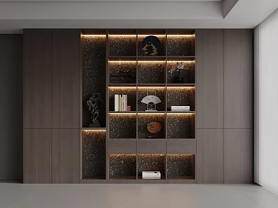Modern Wooden Bookcase Interior Design With Layered Shelves Lighting And Decorative Items 3d model