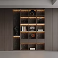 Modern Wooden Bookcase Interior Design With Layered Shelves Lighting And Decorative Items
