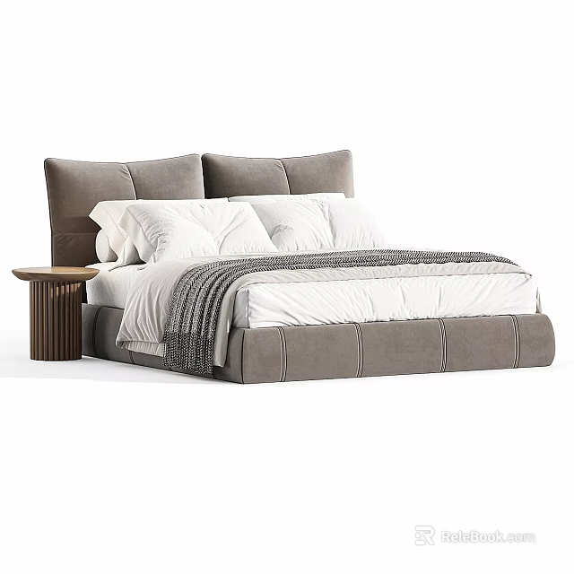 Double Bed With Gray Upholstered Headboard White Sheets Gray Throw Blanket And Wooden Round Nightstand 3d model 