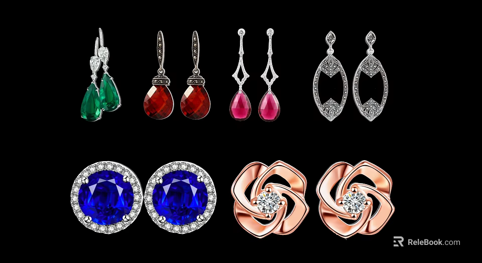 Colorful Gemstone Earrings With Silver Rose Gold Settings And Geometric Flower Designs 3d model 