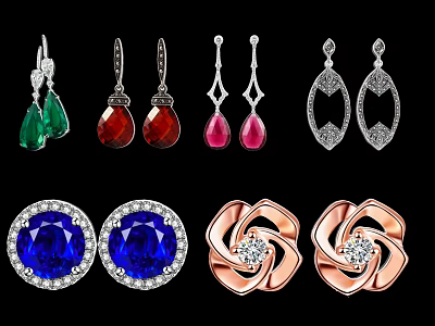 Colorful Gemstone Earrings With Silver Rose Gold Settings And Geometric Flower Designs 3d model
