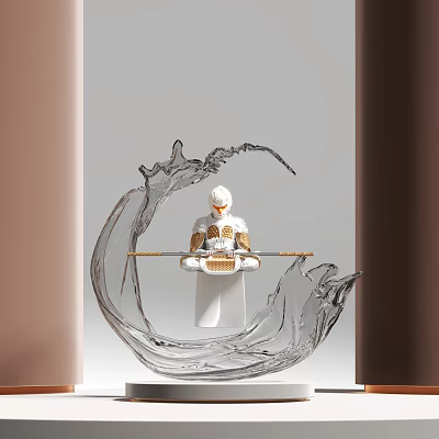 Warrior Armor Sculpture With Long Staff And Transparent Water Splash Surrounding Grey Brown Wall Background 3d model