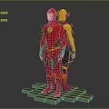 Two Superheroes in Red and Yellow Costumes with Lightning Logo Standing on Brick Platform