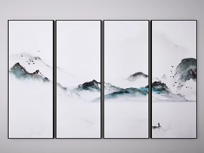Chinese Ink Landscape Painting With Misty Mountains Water Small Boat And Flying Birds 3d model