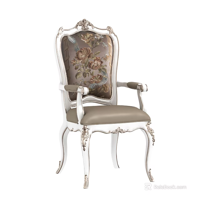 Elegant European Style Carved Dining Chair With Floral Upholstered Backrest And Armrests 3d model 
