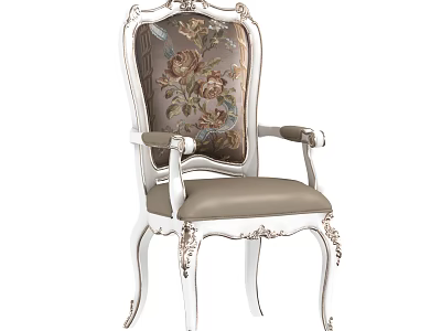 Elegant European Style Carved Dining Chair With Floral Upholstered Backrest And Armrests 3d model