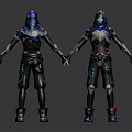 Two Futuristic Character Designs With Blue Helmets White Outfits Holding Hands Standing