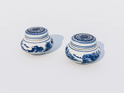 Two Traditional Blue and White Ceramic Jars with Landscape Patterned Lids 3d model