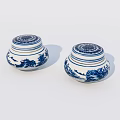 Two Traditional Blue and White Ceramic Jars with Landscape Patterned Lids