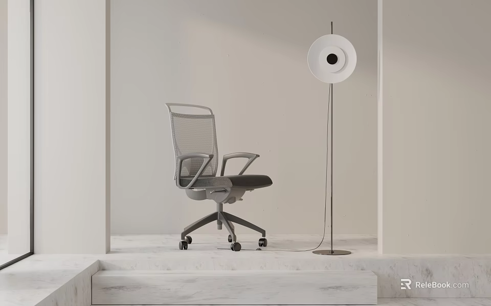 Gray Mesh Back Office Chair With Black Armrests Wheels And Floor Lamp On Marble Steps 3d model 