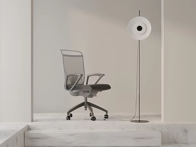 Gray Mesh Back Office Chair With Black Armrests Wheels And Floor Lamp On Marble Steps 3d model