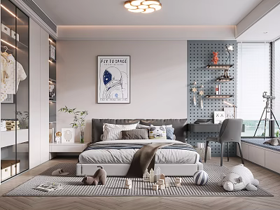 Modern Children's Room Interior Design With Open Wardrobe Bed Desk Toys And Rug 3d model