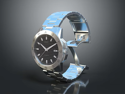 Modern Metallic Watch Featuring Silver Stainless Steel Strap And Black Dial With Index Markers 3d model
